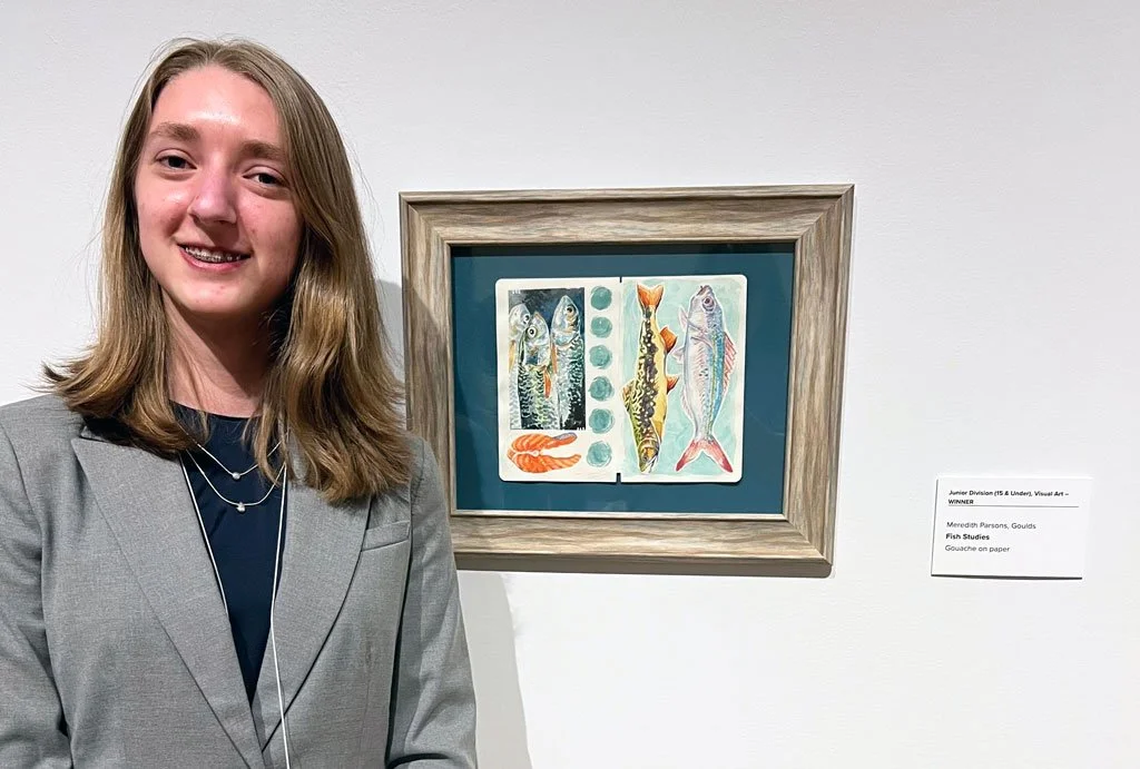  Two St. Kevin’s High School students have recently been recognized for their artistic talents. Grade 10 student Meredith Parsons, above, was awarded the provincial Arts and Letters Junior Division (15 & Under) Visual Arts Award for her gouache painting “Fish Studies.”  The winning artwork is currently on display at the Rooms. Grade 11 student Alyssa Byrne was awarded second place in the Royal Canadian Legion Poster Design contest’s Senior Black & White category. As part of her prize, Byrne, along with seven other students, will travel to Beaumont Hamel at the end of June. Pictured below is Bill Hickey of the Ferryland Legion presenting Byrne with her certificate. 