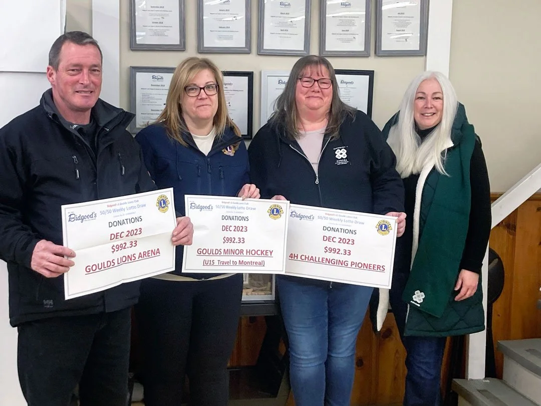  The Goulds Lions Club and Bidgood’s Supermarket recently donated proceeds from December’s 50/50 draw to a number of local community originations, including the 4H Challenging Pioneers, the Goulds Pacers U15 team for travel to Montreal, and the Goulds Lions Arena. Each group received $992.33. From left are Terry Putt with the Goulds Lions Arena, Dawn Mootrey with the Goulds Lions Club, Suzanne McCormack and Nancy Murphy with 4H Challenging Pioneers. Goulds Lions photo 