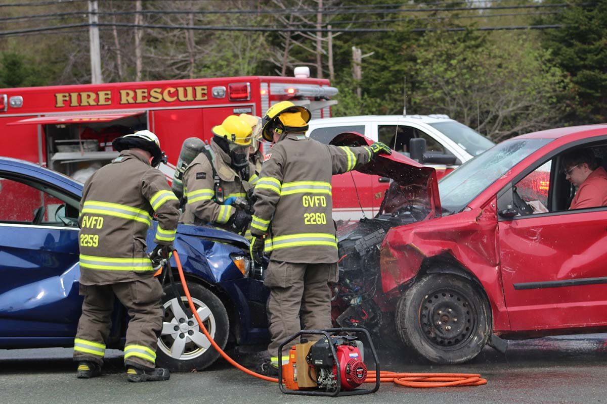  With assistance from Mothers Against Drunk Driving, members of the Goulds fire department, Barrett’s Funeral Home, the RNC, St. John Ambulance, and Eastern Health, St. Kevin’s High School last week hosted a mock disaster to show students the consequences of impaired and reckless driving. The school typically hosts a mock disaster every three to four years. “The whole idea is to educate students and raise awareness about the dangers of driving under the influence, whether of alcohol or drugs, and especially of distracted driving,” said St. Kevin’s teacher Nicole Clarke. “It shows them what could be the worst-case scenario.” Roughly 10 students participated in the demonstration, and those students began meeting with Gerry Antle of the Goulds Fire Department back in late April to begin planning the event. Submitted photo 