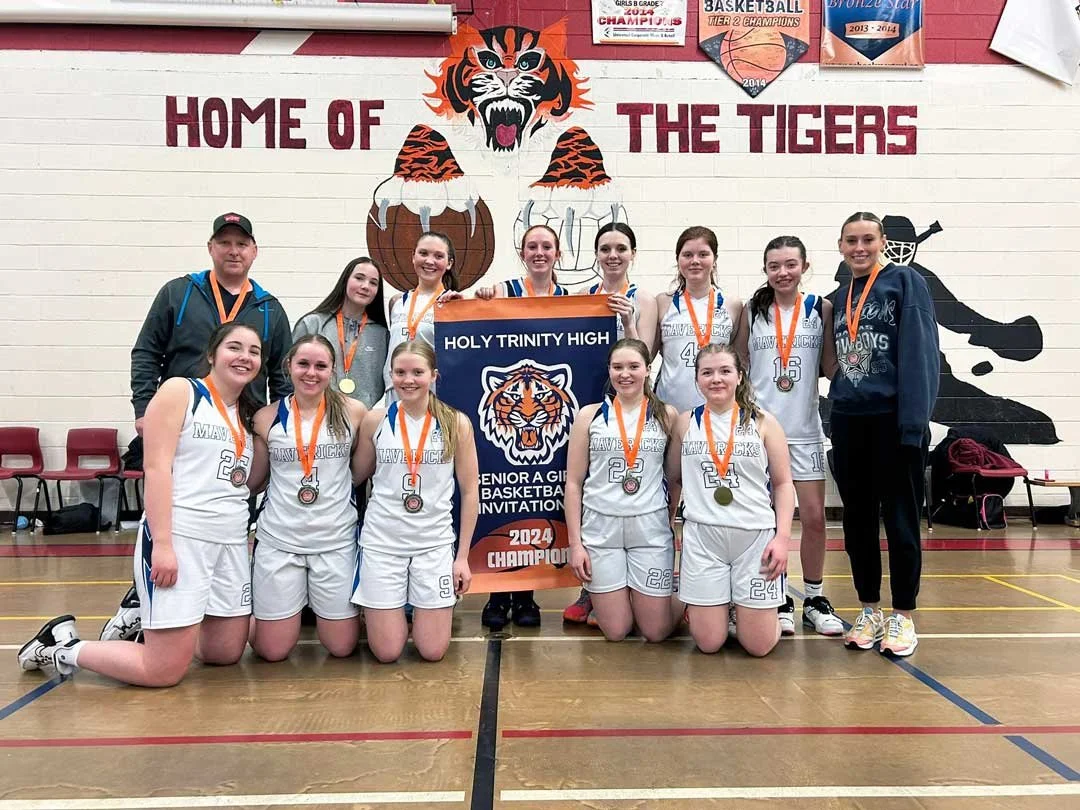  The St. Kevin’s High Senior A Girls basketball team defeated Holy Trinity High at the Senior A Girls Basketball Invitational hosted by Holy Trinity High earlier this month. St. Kevin’s beat the host school 84-74. In the back row, from left, are Mavericks coach Chris O'Neill, Katie Howlett, Arianna Brennan, Olivia Clarke, Neilee McLeod, Mya Pitcher, Charley Sheehan, and coach Emma Power. In the front row, from left, are Sydney Ryan, Abby Hiscock, Alison O'Neill, Morgan O'Neill, and Rebecca Hefferman. Missing from the photo is Brooklyn Smith. Submitted photo 
