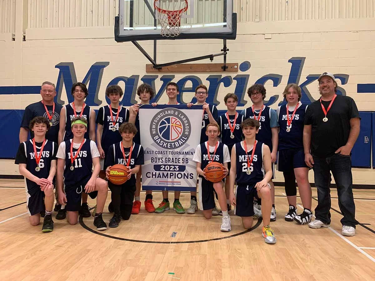  These Mavericks are gold medal champions. The St. Kevin’s Grade 9 boys basketball team claimed first place in the Newfoundland and Labrador East Coast Tournament this weekend. In the back row, from left, are coach Gerard Clarke, Keegan O’Brien, Ashton Chaisson, Jacob Kelly, Brody Pearce, Preston Clarke, Micheal Deir, Liam Guest, Aiden Putt and coach Joe Kelly. In the front row, from left, are: Jesse Bailey, Jesse King, Nathan Erasmus, Liam Cody, and Joseph Best. Missing from the photo is Olivia Clarke. 