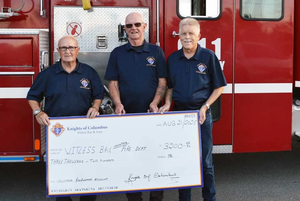  The Dean Patrick Cleary Council 6672 of the Knights of Columbus presented the Witless Bay Volunteer Fire Department with a cheque for $3,200 last month. From left are Grand Knight Jim Boland, Ken White, and Treasurer Barry Dillion. Photo courtesy of the Witless Bay K of C. 