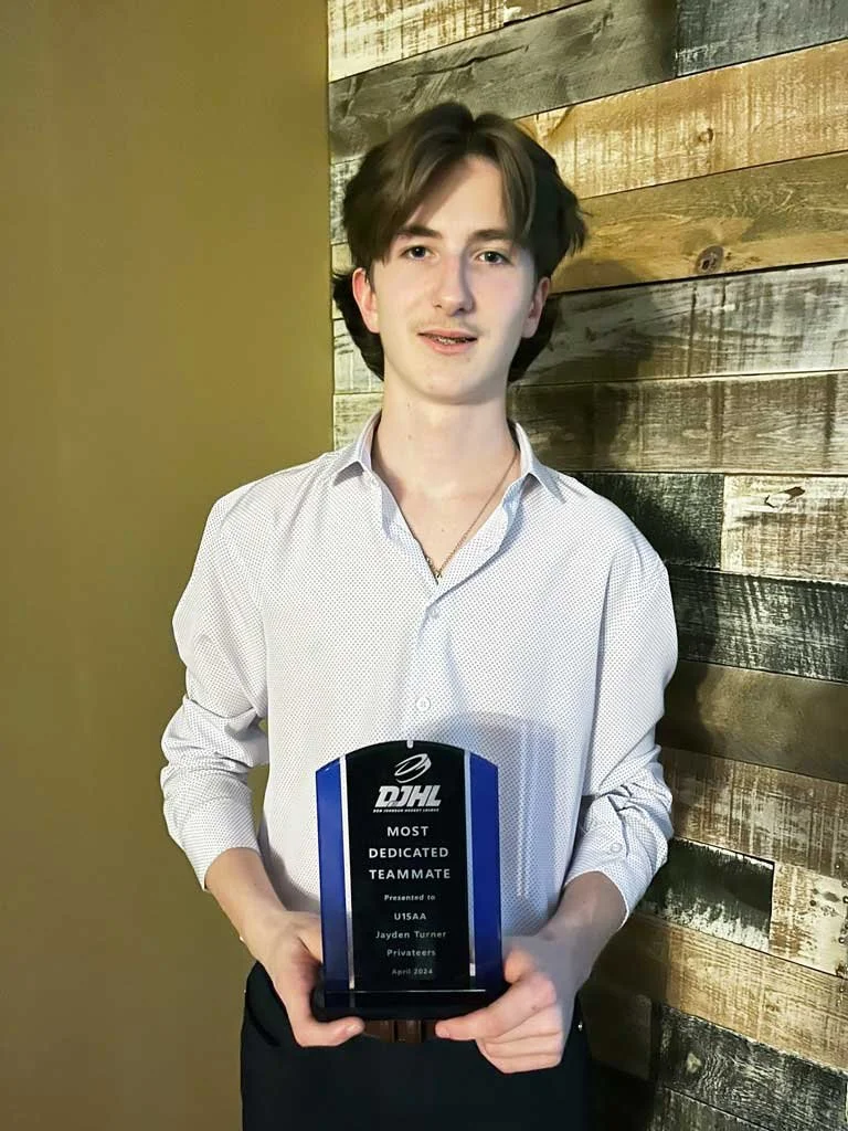  Mobile Central High student Jayden Turner received the Don Johnson Hockey League award for Most Dedicated Teammate earlier this month. Turner plays in net for the U15 AA Privateers, and has been playing hockey since he was five. Turner said being named most dedicated player was a great feeling. “I was happy just making the AA, and getting on the Privateers, the team I wanted to get on, with the coach I wanted,” said Turner. “Coach Pat Yetman guided us this whole year, through every moment. It was a very memorable and enjoyable season. Lots of new friends were made. It was a great year.” Turner said becoming most dedicated means wanting to win and hyping up his fellow teammates every game. Crystal Turner photo 