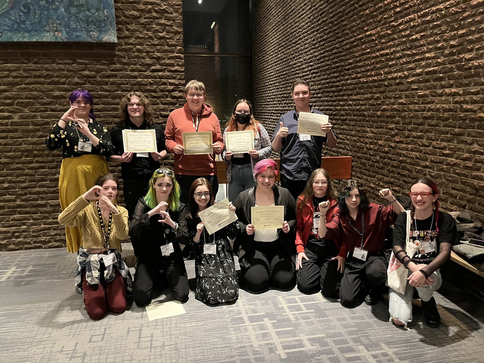  The St. Kevin’s High School Drama Troupe won a number of awards during this year’s Provincial Drama Festival. The group performed “Free Trial,” based on an original script written by St. Kevin’s High School teacher Greg White. In the back, from left to right are: Brianna Howlett, Parker Gosse (Best Dramatic Role award winner), Marty Murphy (Overall Excellence in Acting Award winner), Melanie Lush (Best Tech Crew Award winner), and Parker Murphy. In the front row, from left to right, are Olivia Bishop, Emily Putt, Julia Kennedy, Ace Stanley, Maddie Whelan, Morgan Guest, and Emily Sinnott. The group also won an award for Best Original Script. Submitted photo. 