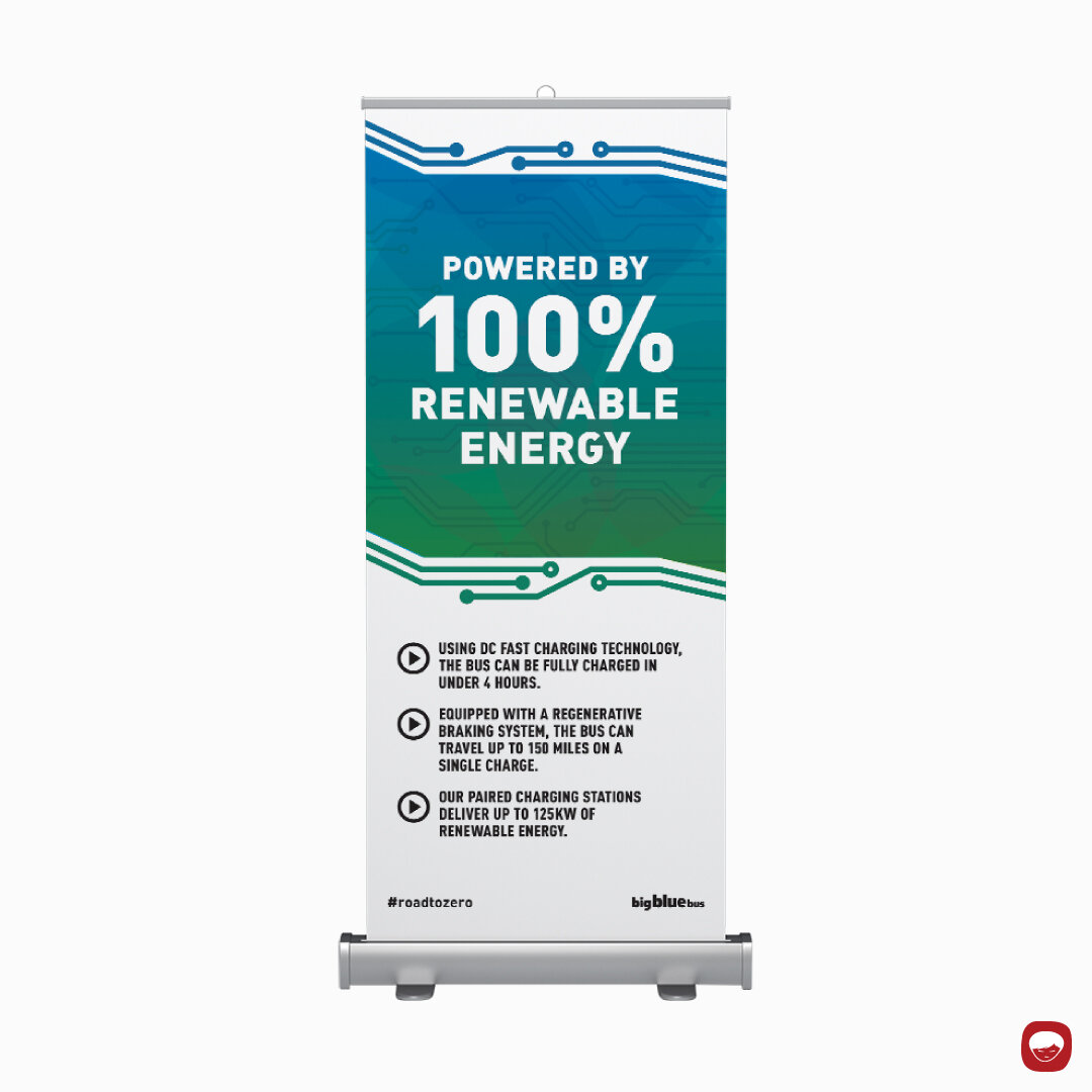 campaign - big blue bus - battery electric bus - roll-up vertical banner
