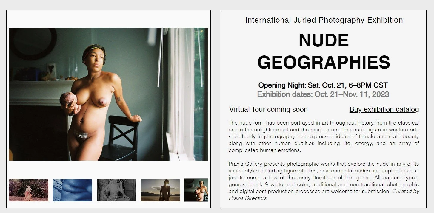 Announcement for an art exhibition titled "Nude Geographies" at Praxis Gallery, opening on October 21, 2023, with a virtual tour coming soon. The image shows a woman holding a fruit in a room near a window, with a collage of four smaller images below