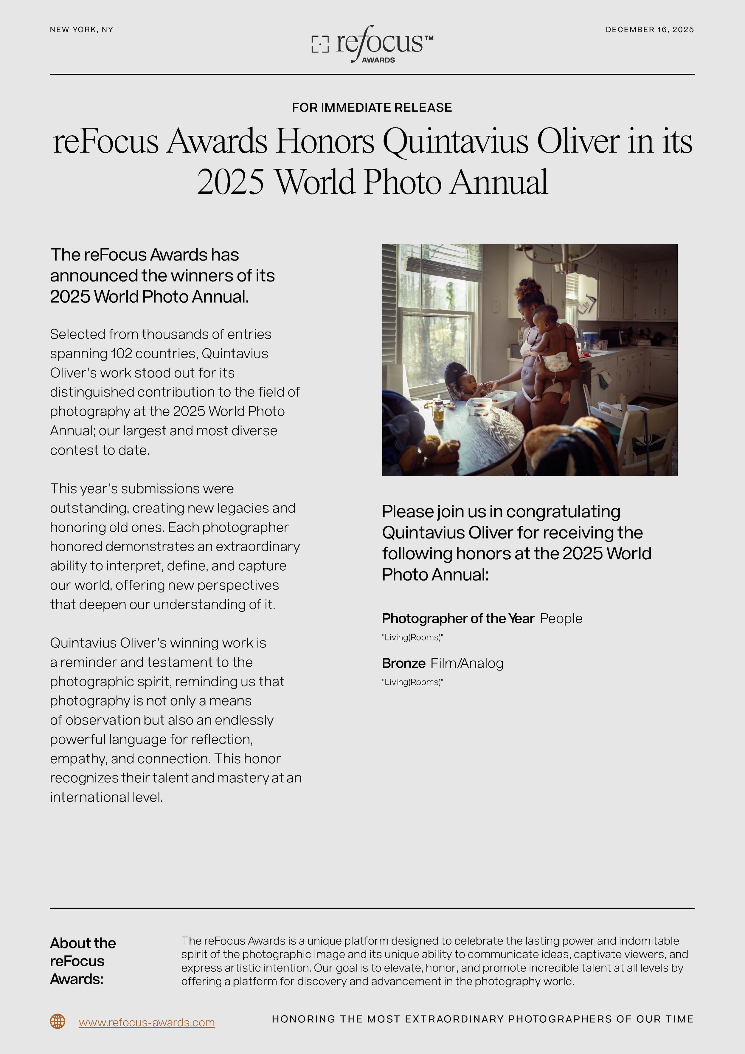 Press release document announcing Quintavius Oliver as a recipient of the 2025 World Photo Annual awards, with a photo of a woman and children in a kitchen.