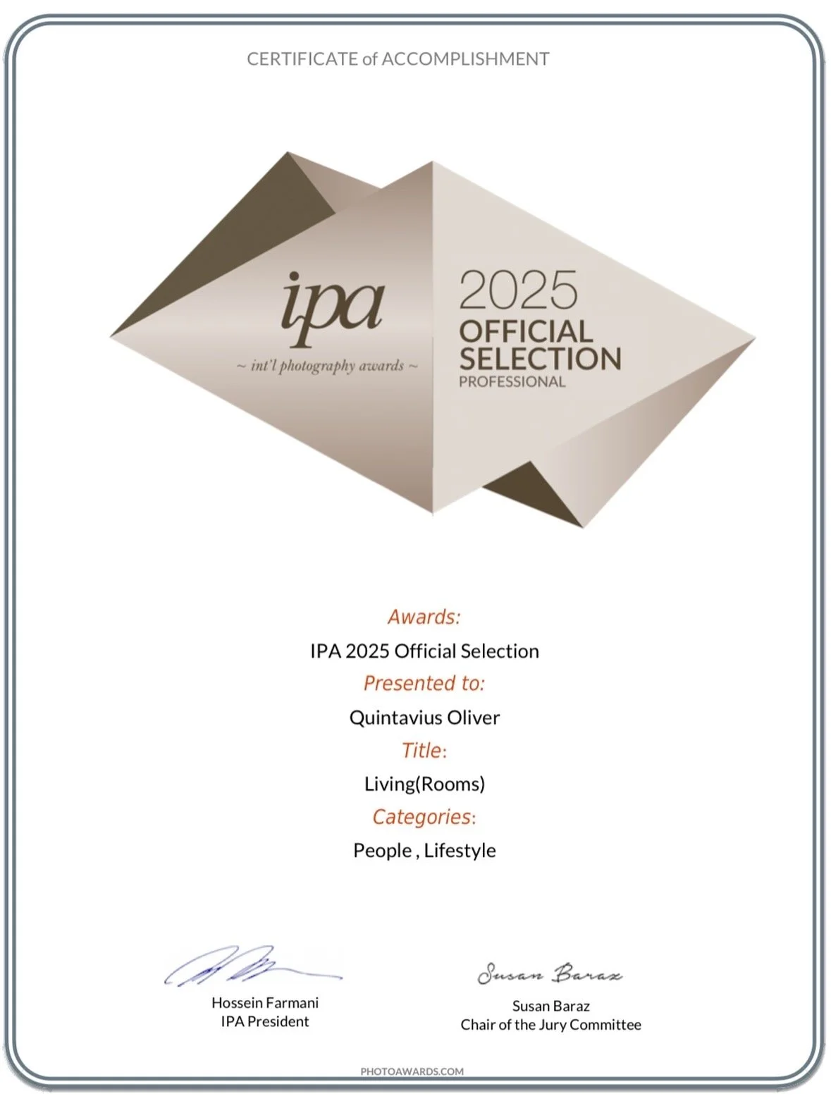 Certificate of accomplishment from the IPA 2025 International Photography Awards, awarded to Quintavius Oliver for a project titled 'Living(Rooms)' in the People and Lifestyle categories.