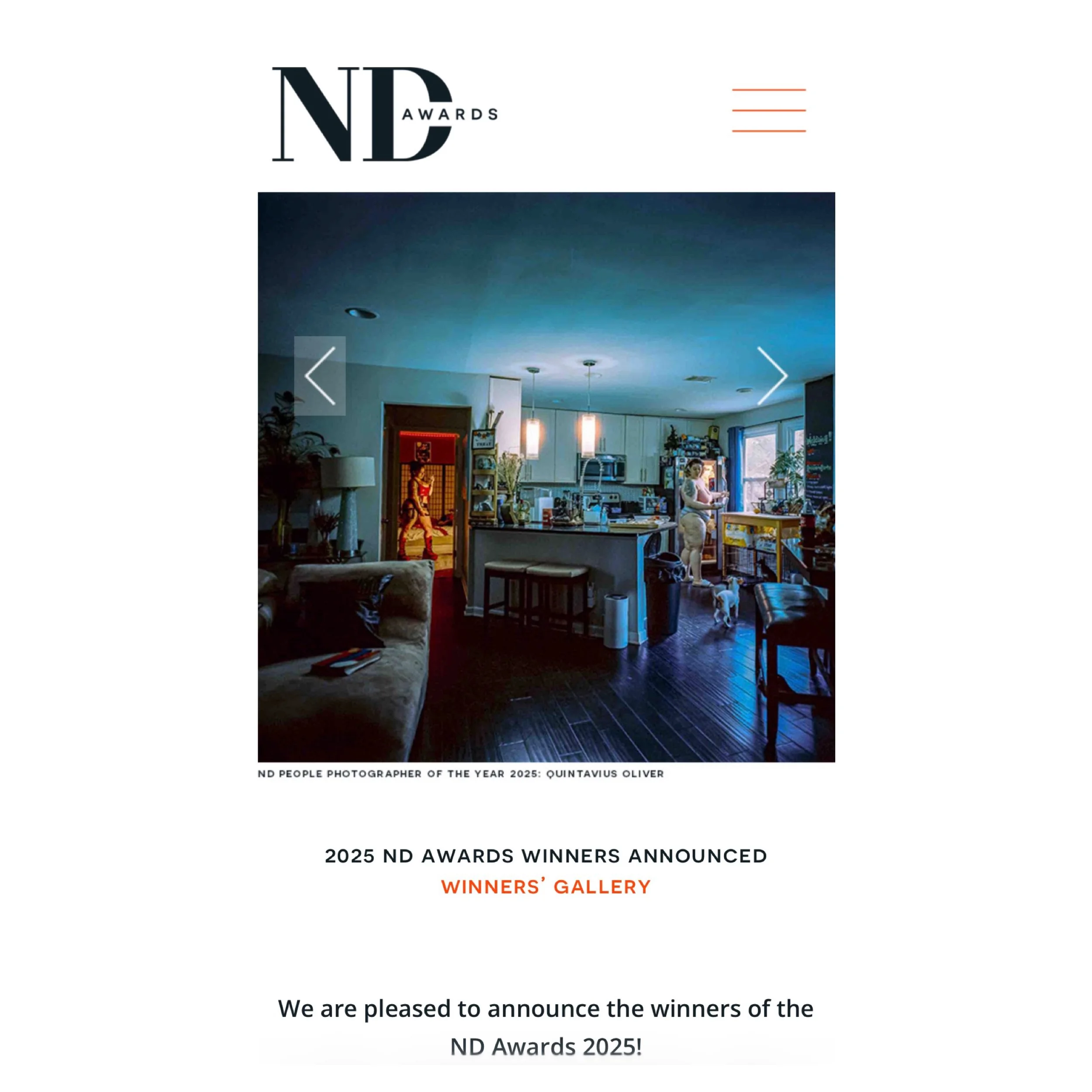 Cover of ND Awards 2025 winners' gallery showing a living room with kitchen and a woman near a window, with a small dog on the floor. The cover features the ND Awards logo at the top.