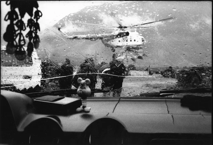 A United Nations helicopter in a resettlement camp in Kukes, Albania.