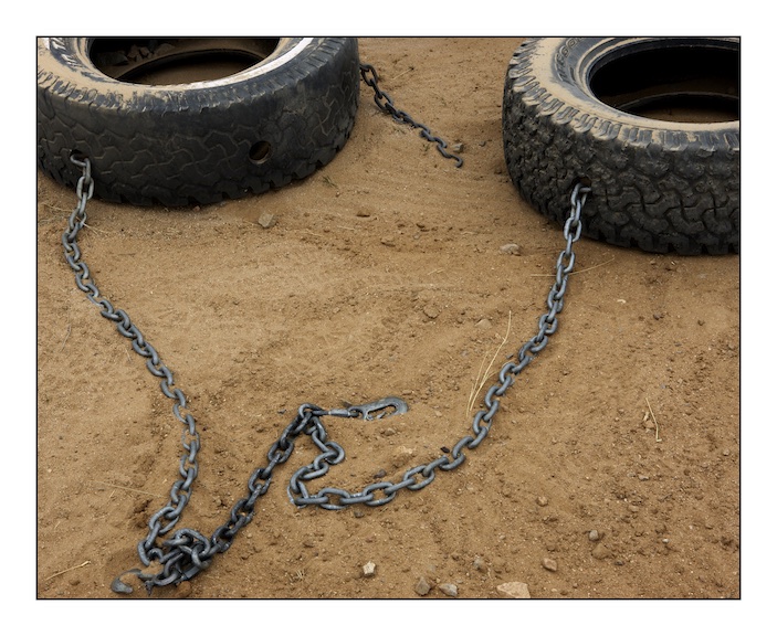  Truck tyres used by the United States Border Patrol to ‘cut’ the desert trail. ‘Cutting the trail’ entails dragging car tyres behind a vehicle to sweep the desert trail. This is usually done in the evening so that any migrant footprints made overnig