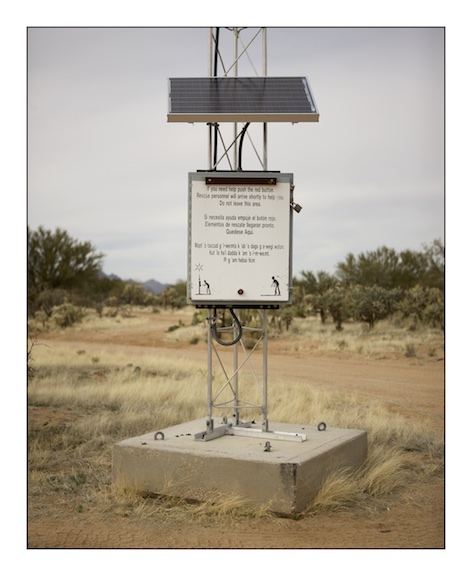  A solar powered beacon located in the desert for migrants who are unable to continue their journey. When the beacon is activated it sends a signal to the emergency services. 