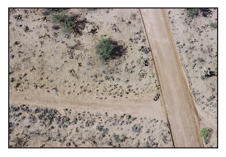 Three car tyres used by the United States Border Patrol to ‘cut’ the desert trail. ‘Cutting the trail’ entails dragging car tyres behind a vehicle to sweep the desert trail. This is usually done in the evening so that any migrant footprints made overnight will be visible in the morning and allow Border Patrol trackers to follow them through the desert.