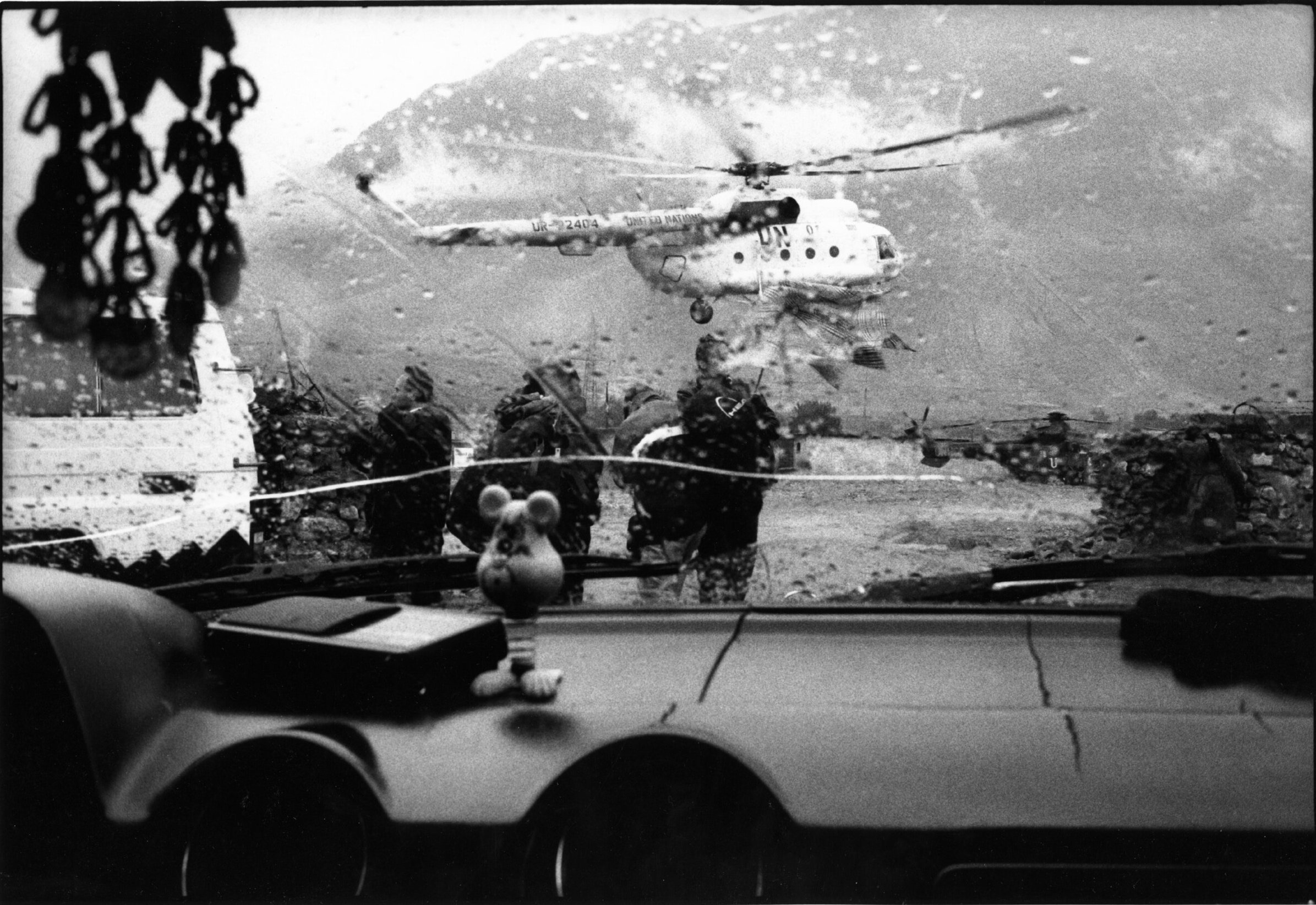  A United Nations helicopter in a resettlement camp in Kukes, Albania. 