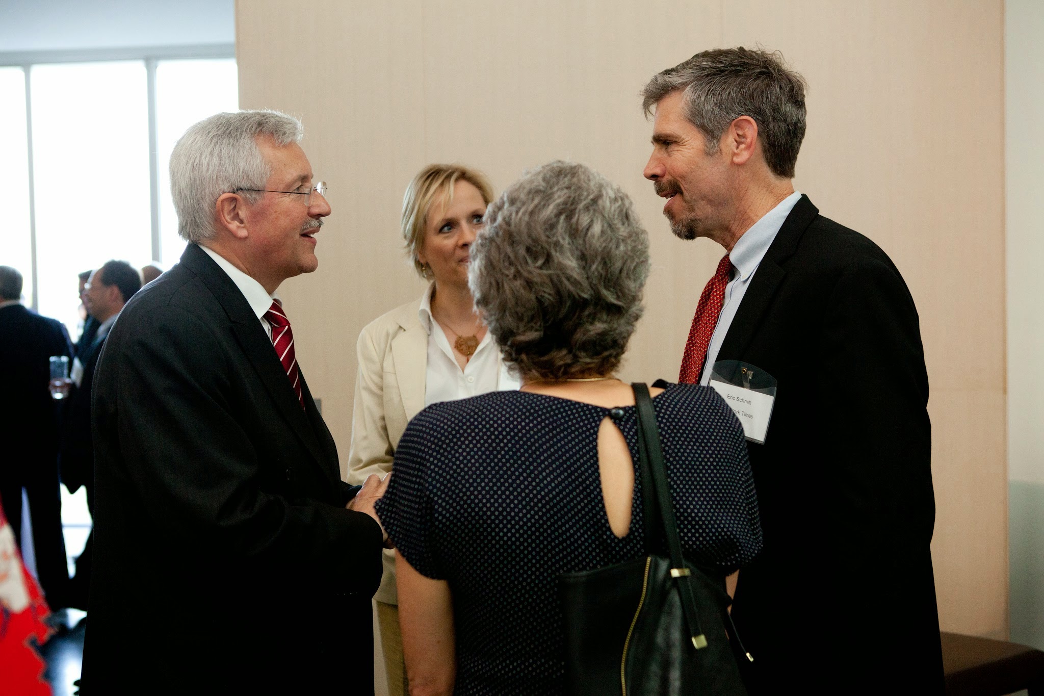 Swiss Ambassador to the US, Martin Dahinden (left) talks to New York Times National Security Correspondent, Eric Schmitt (right) following the event. 