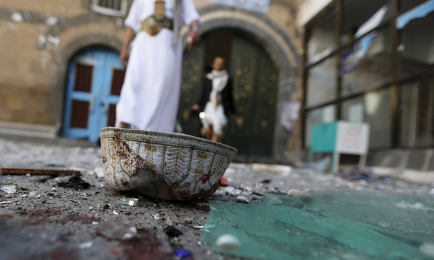 Photo of the week: Broken glass and headgear lie on the ground outside the al-Balili mosque in Sana’a, Yemen. Photograph: Khaled Abdullah/Reuters. http://www.theguardian.com/world/2015/sep/24/yemen-suicide-bomb-blast-mosque-prayers