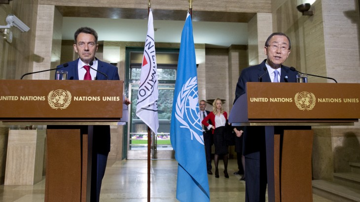 ICRC President Peter maurer and UN Secretary-General Ban Ki-moon issue a joint statement together in geneva on October 31, 2015