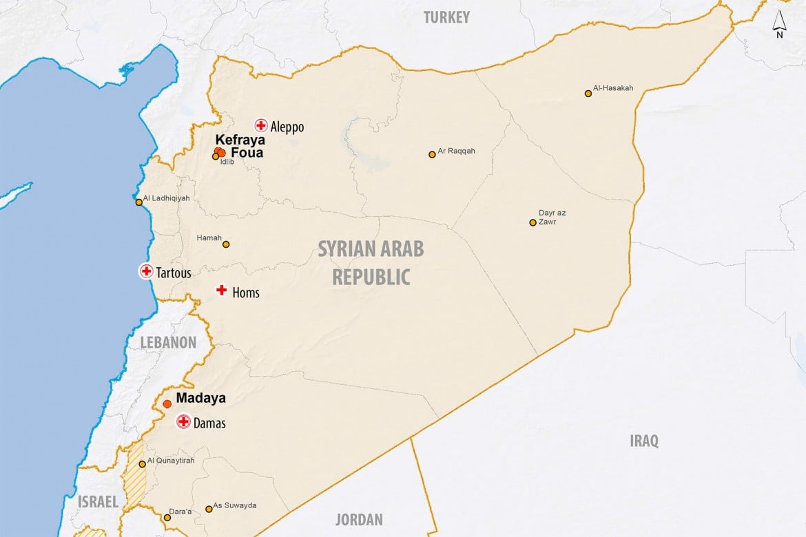 Map of Syria showing the ICRC's presence and the location of the three besieged towns of Madaya, Foua and Kefraya.