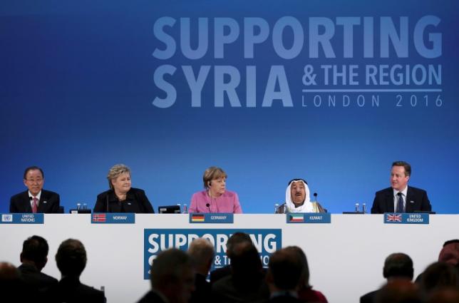 Co-hosts of the DONORS CONFERENCE FOR SYRIA IN LONDON : United Nations Secretary-General Ban Ki-moon, Norway's Prime Minister Erna Solberg, German Chancellor Angela Merkel, and the Emir of Kuwait, Sheikh Sabah al-Ahmad al-Sabah (L-R). © Reuters/dan kitwood/pool.