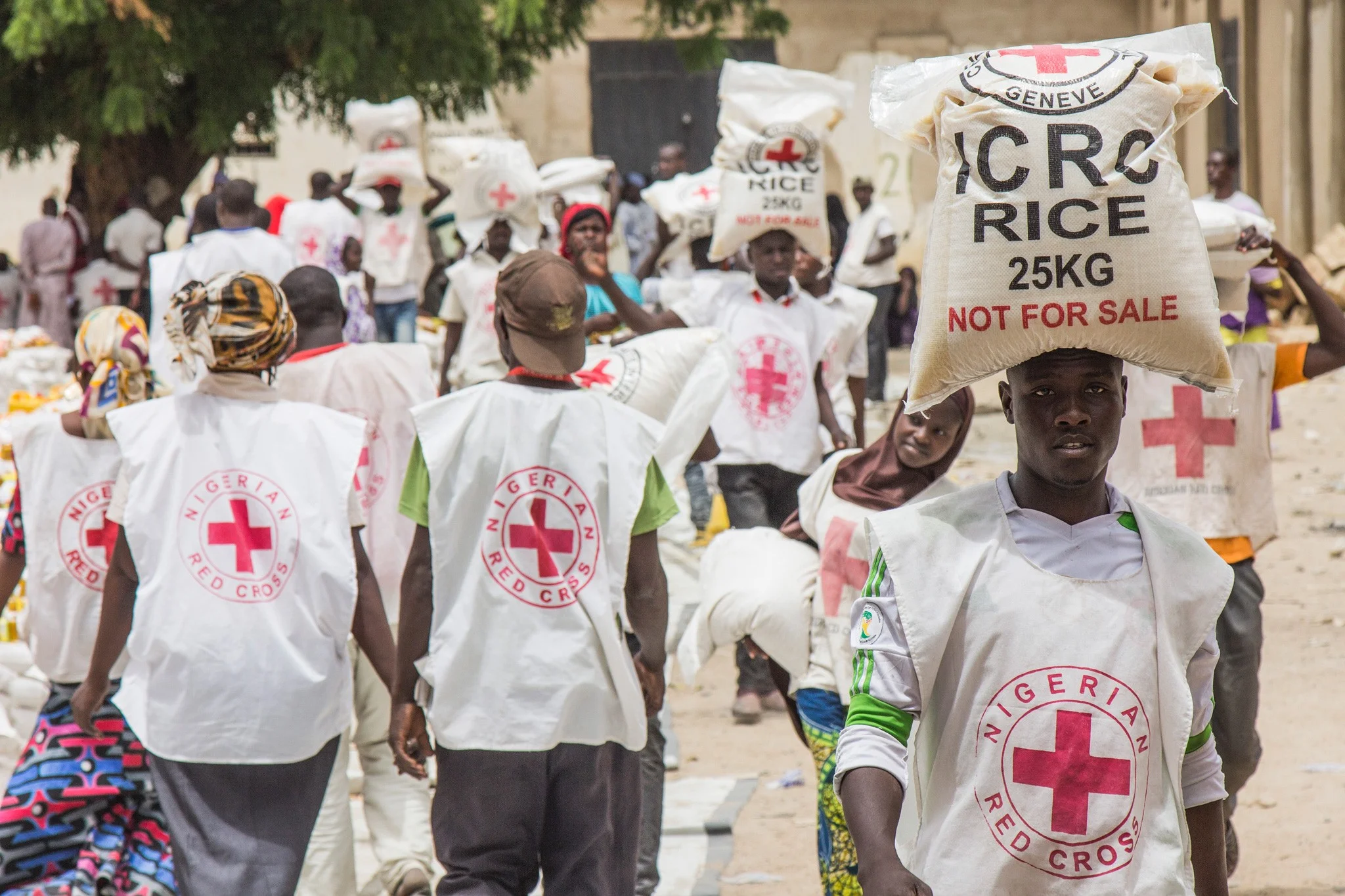 Volunteers of the Nigerian Red Cross and the ICRC distribute food items to internally displaced families in Maiduguri, Borno State.