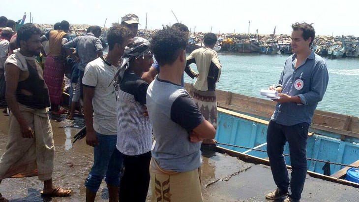 ICRC's Eric Christopher Wyss in Hodeida, talking to first responders following the civilian ship attack.