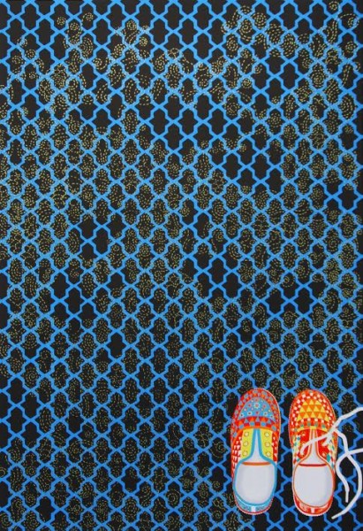 Unfinished Journeys silkscreen with painted shoes ©Helen Zughaib, 2016