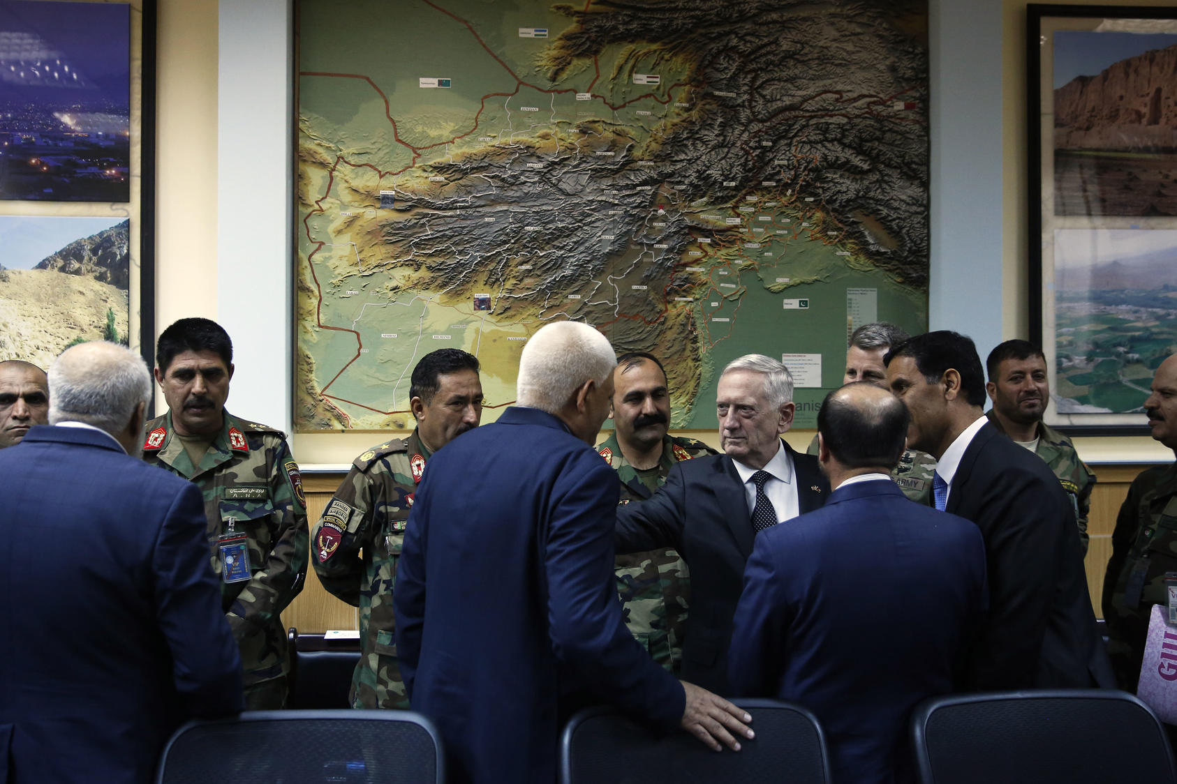 U.S. Defense Secretary James Mattis, center, meets with Afghan military leaders in Kabul, Afghanistan. Photo Courtesy of The New York Times/Johnathan Ernst