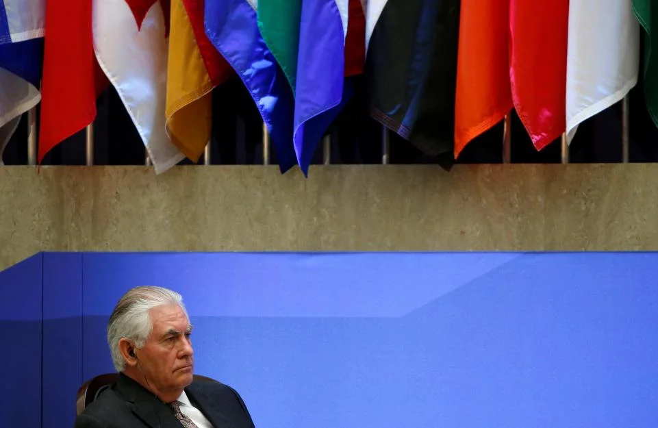 Secretary of State Rex Tillerson during the delegation photo with leaders from Global Coalition working to Defeat ISIS at the State Department in Washington, U.S., March 22. Tillerson's restructuring plan at the State Department has targeted an office that deals with prosecuting war crimes, according to former U.S. officials.JOSHUA ROBERTS/REUTERS