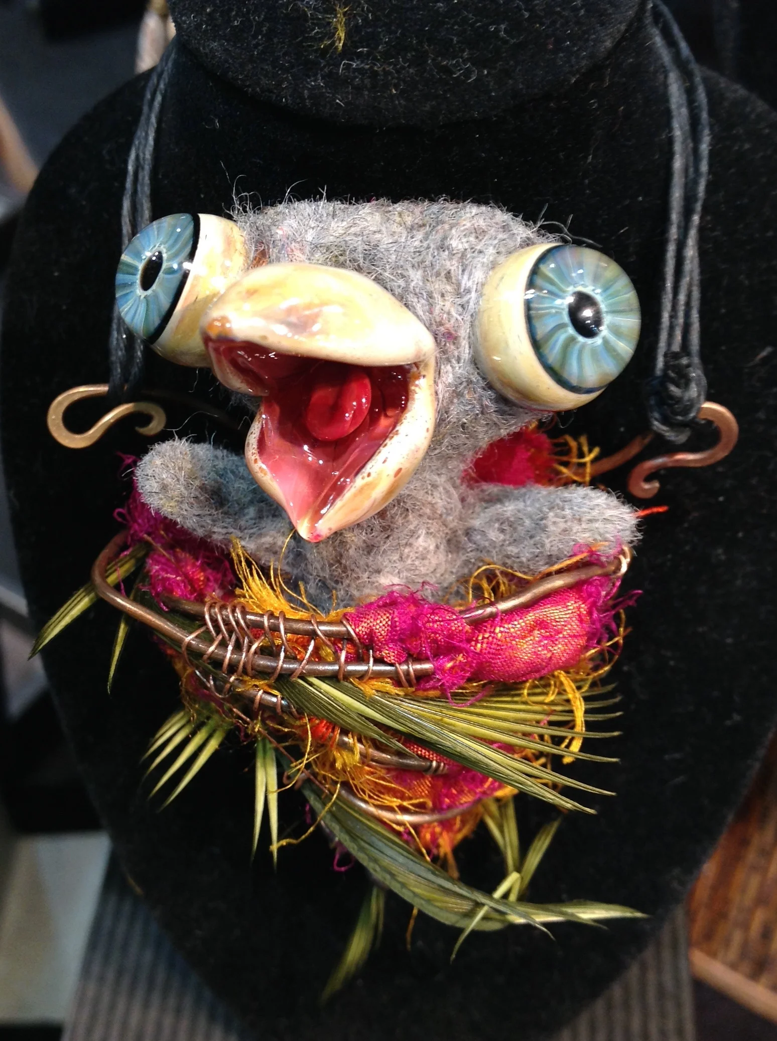 This little fellow was created by Kim Van Antwerp and Wayne Robbins. Wayne did the glass and Kim did the felting and wire work. We are hoping that Kim will be teaching how to create one of these little guys at "Bead and Button" in 2016. Contact us if you are interested.
