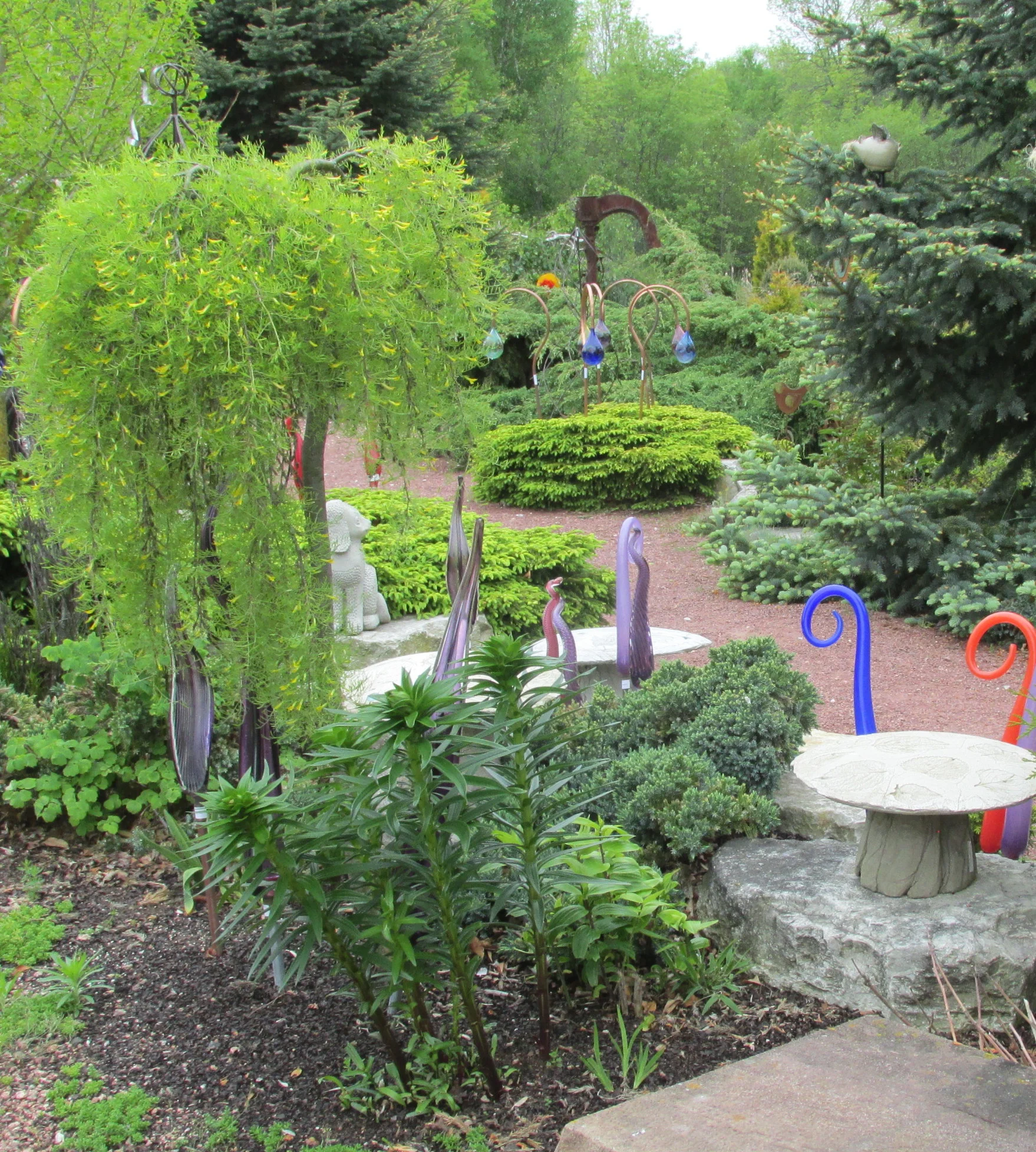 A beautiful garden........with many unusual plants, trees and shrubs tended by the owners. Mixed in with all the greenery are sculptures of colorful glass, metal and mixed media.