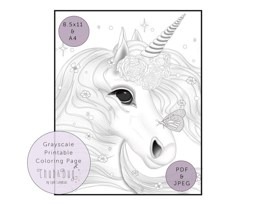 Printable Unicorn Coloring Page   Grayscale Coloring Page for Girls, 20 x  20 inches JPEG — Chub and Bug Illustration   Wall art and school supplies  ...