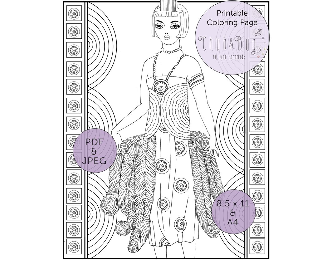 Printable Flapper Coloring Page 1920s Historical Fashion Coloring Sheet In Black And White Chub And Bug Illustration Wall Art And School Supplies For Kids And Babies