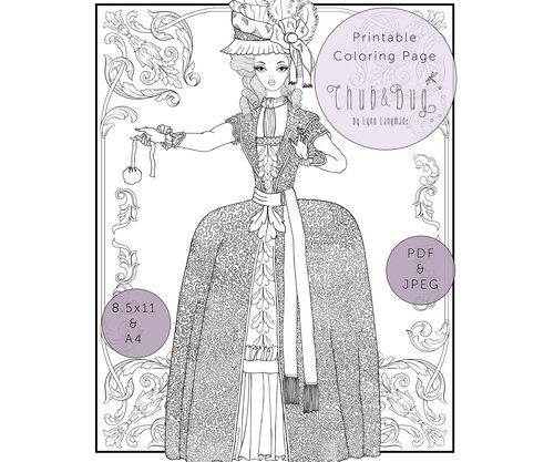 Download 18th Century Fashion Coloring Rococo Fashion Illustration For Adult Coloring Chub And Bug Illustration Wall Art And School Supplies For Kids And Babies