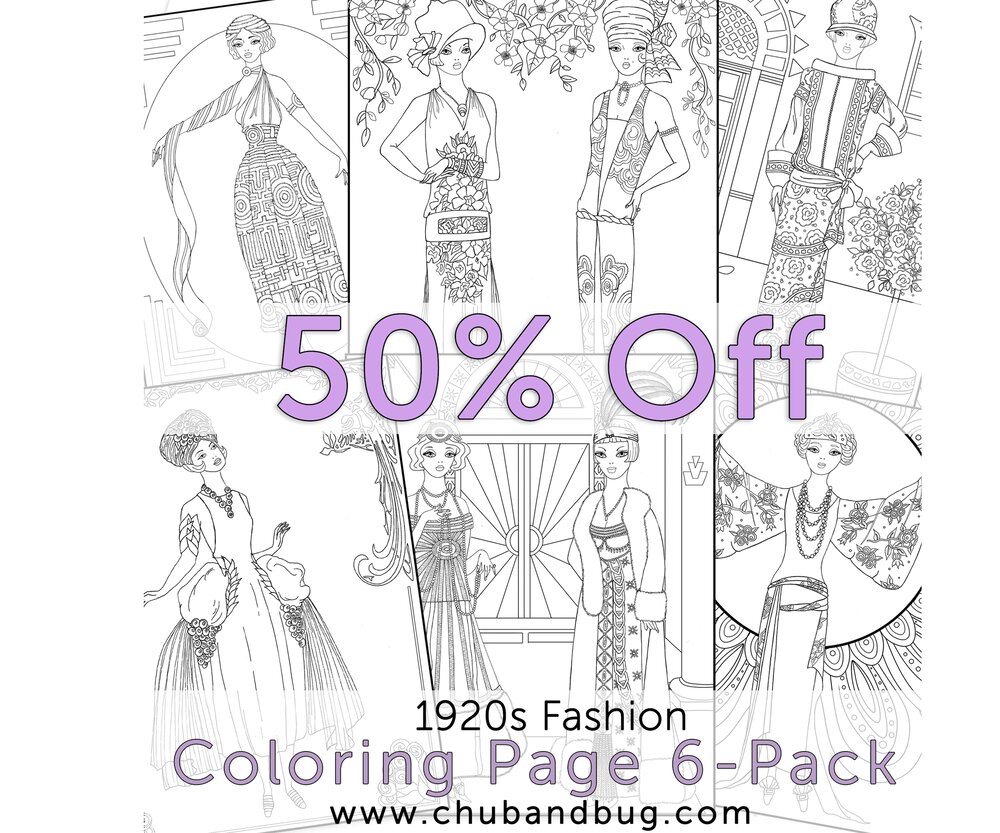 Printable Fashion Coloring Pages 6 Pack 6 Coloring Sheets Of 1920s Fashion 8 5 X 11 Pdf Chub And Bug Illustration Wall Art And School Supplies For Kids And Babies