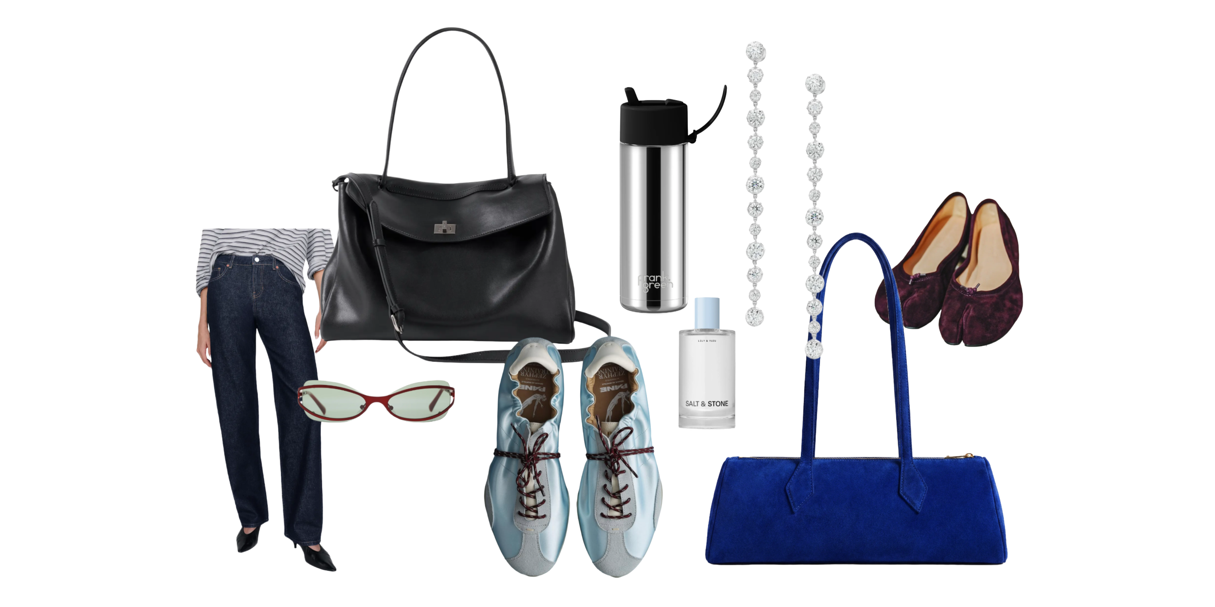 collage of various items: handbags, shoes, sunglasses, denim jeans, water bottle, stone drop earrings, perfume
