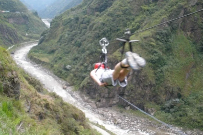 A Duke University student braves the zipline in Baños, Ecuador