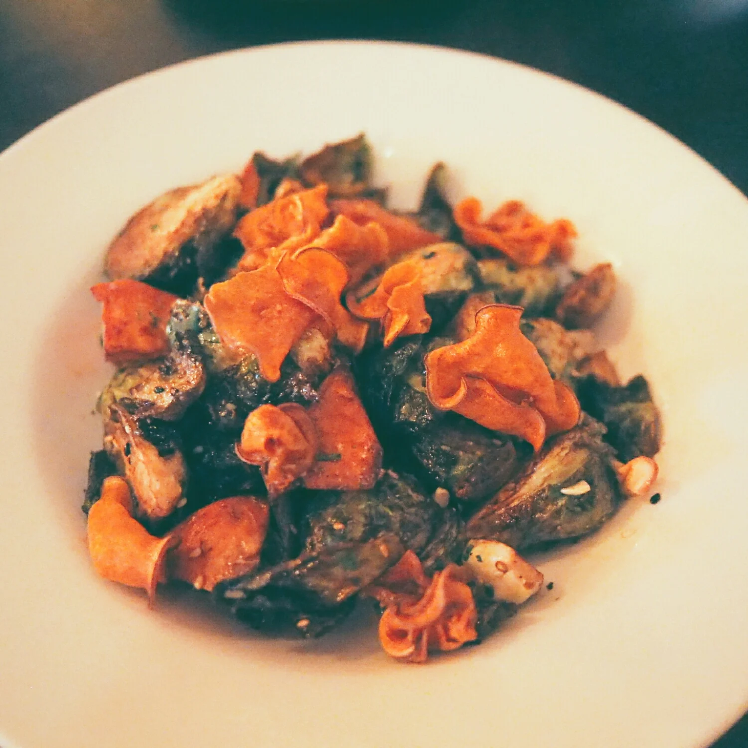 crispy brussels sprouts and sweet potato with maple vinaigrette, cashew, nori.