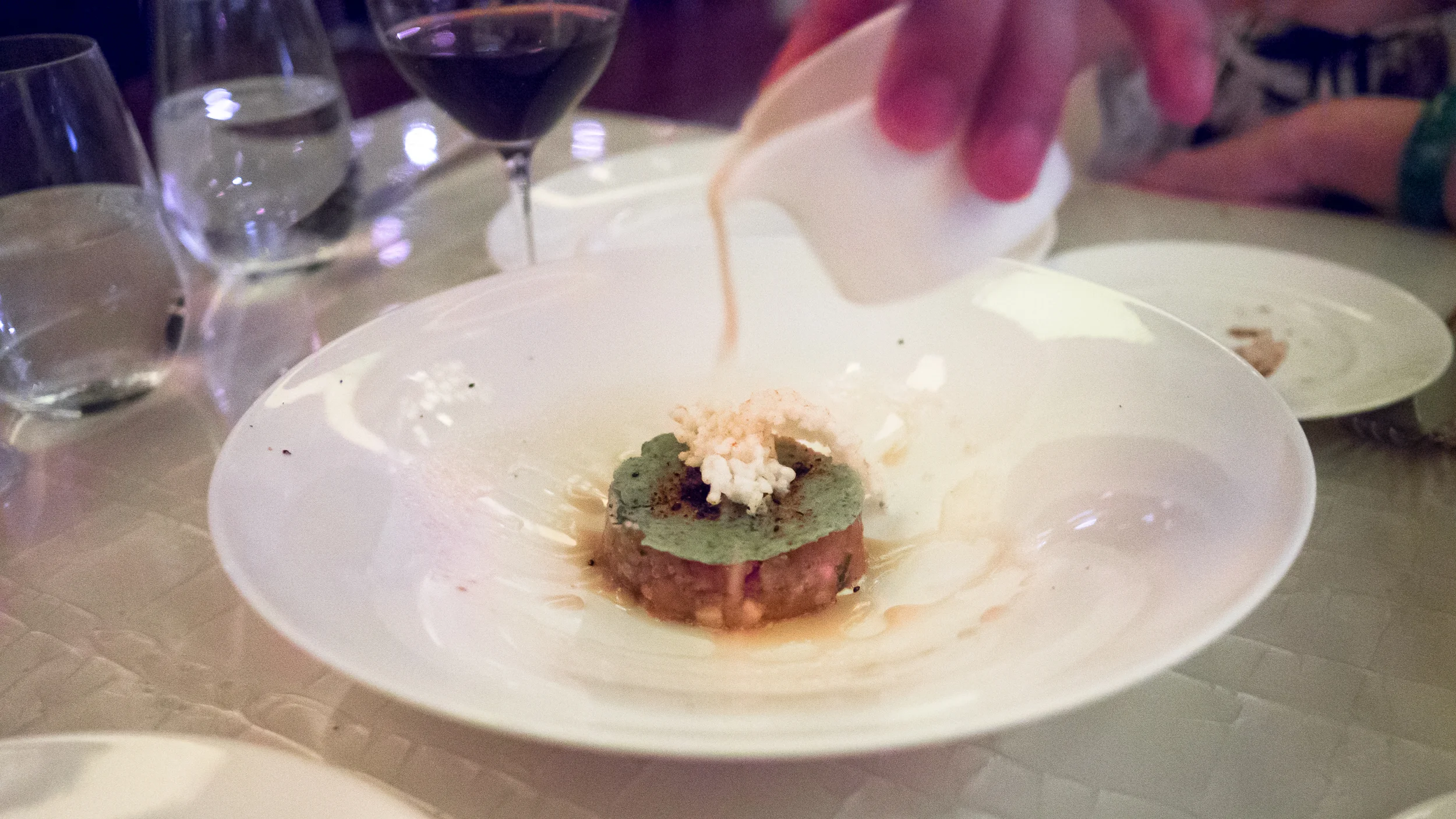 yellowfin tuna tartare with yuzu dressing, green apple, crips rice.