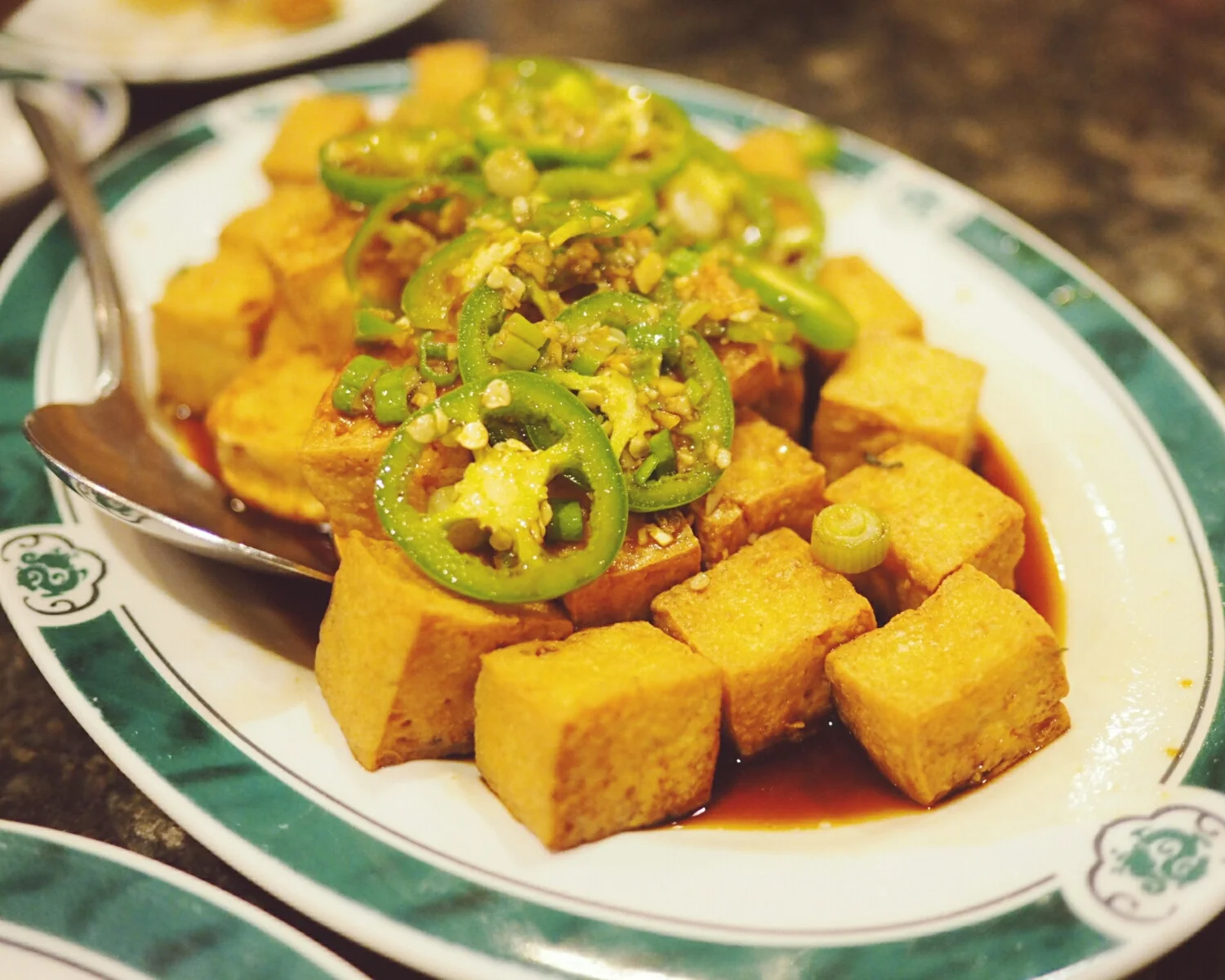 fried tofu with jalapeno, scallions, garlic.