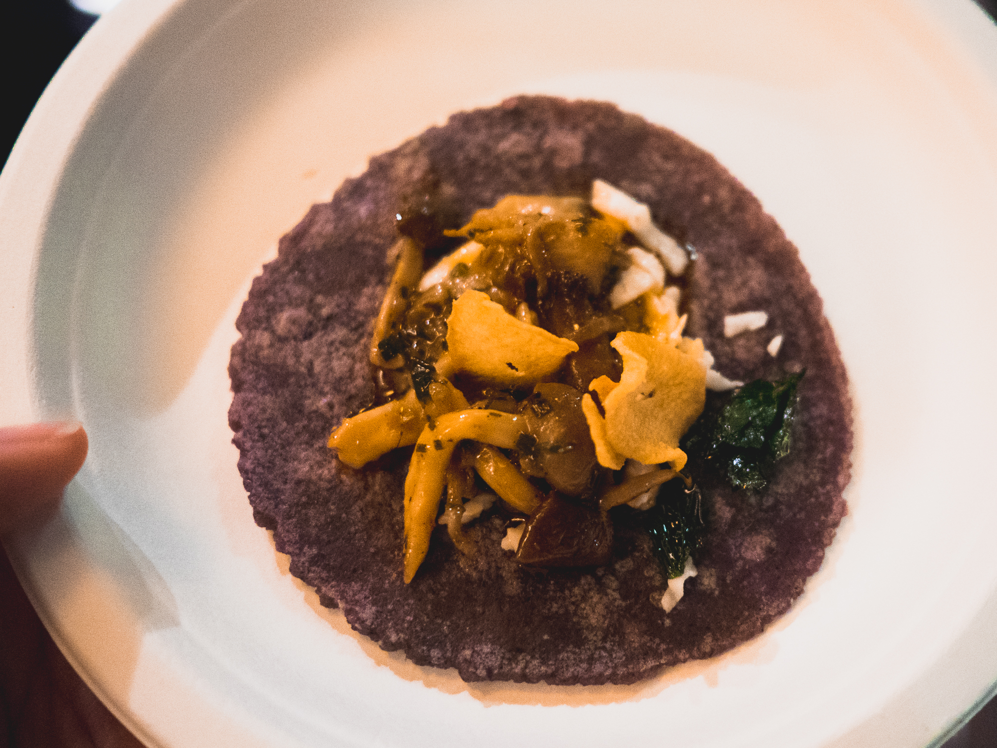 b.s. taqueria's mushroom and garlic taco with chile de arbol.