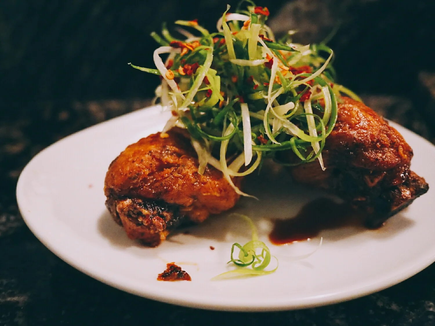 karaage chicken with green onion and chili.