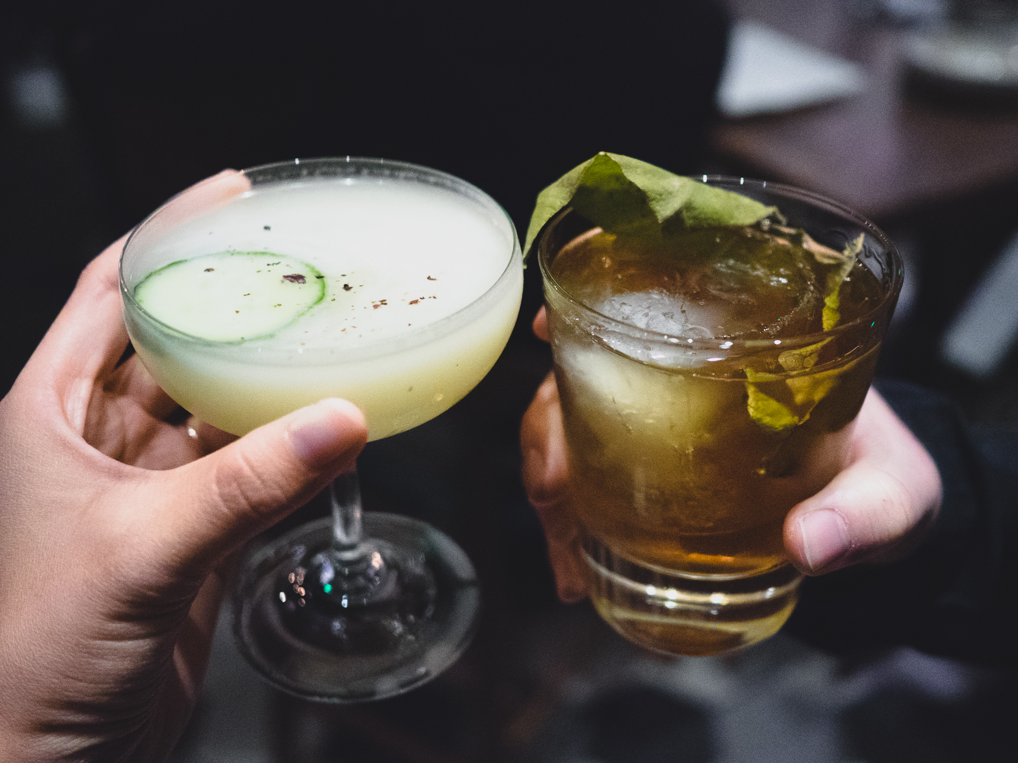 unfiltered sake with yuzu, green chile, ginger, japanese cucumber, vodka and old fashioned with fig leaf, chairman's reserve forgotten rum, tobacco, coffee.