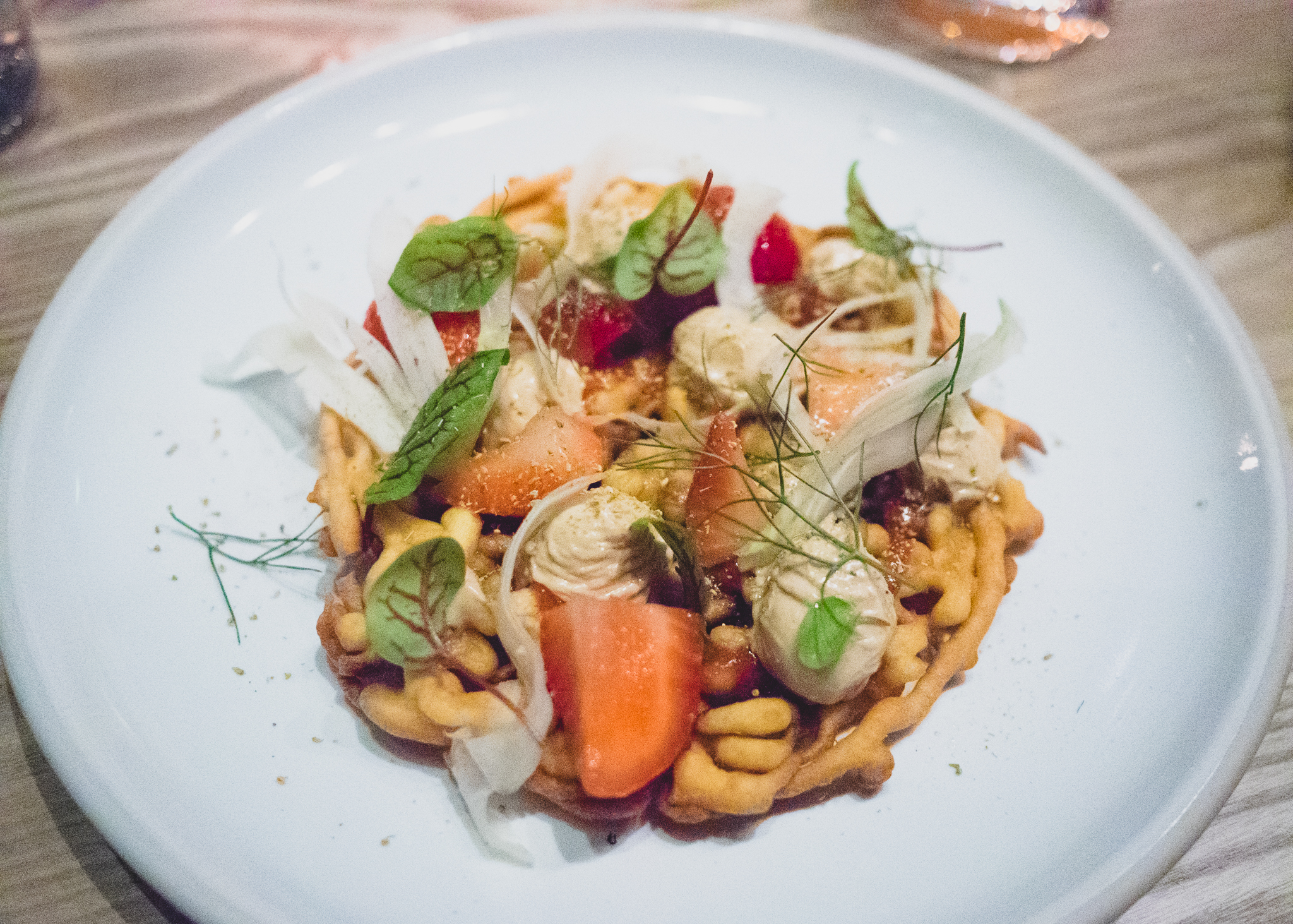 foie gras with funnel cake, strawberry, fennel, balsamic.