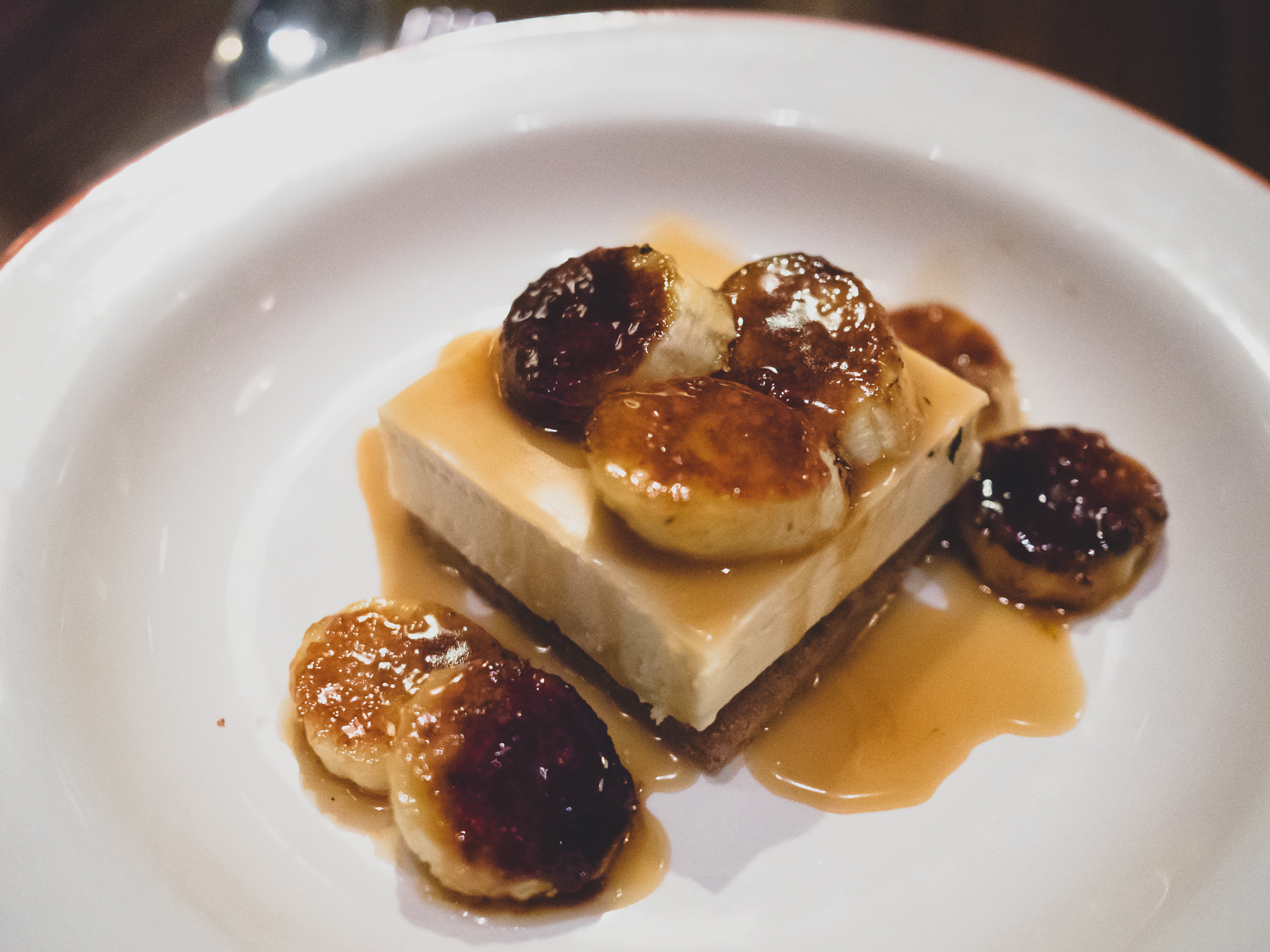 banana cream pie with spiced pecan shortbread, butterscotch Bavarian, bruleed bananas, “Scotch” sauce.