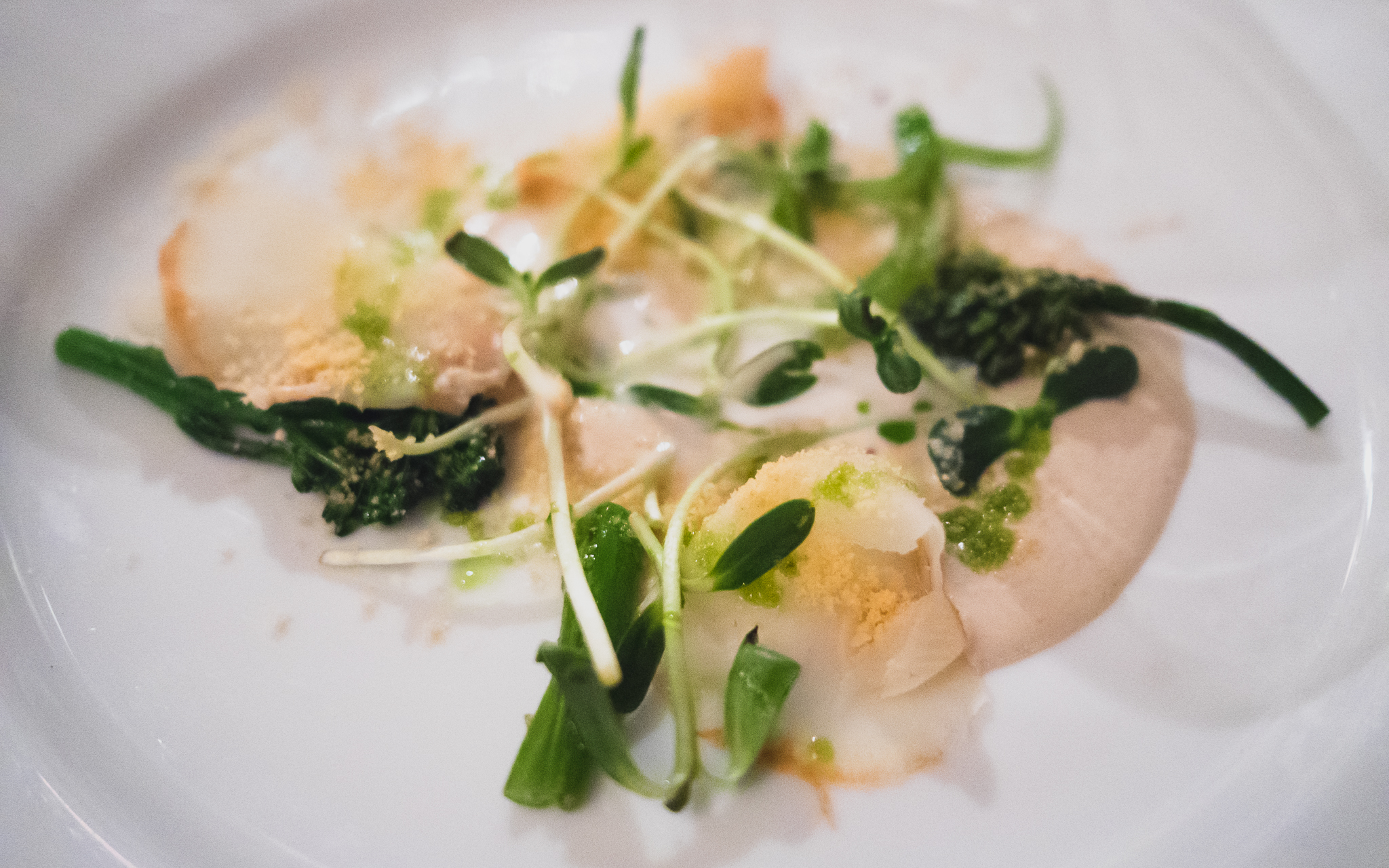 roasted celery root sheet, smoked parmesan creme, buttermilk, pumpkin see cheese, broccolini.