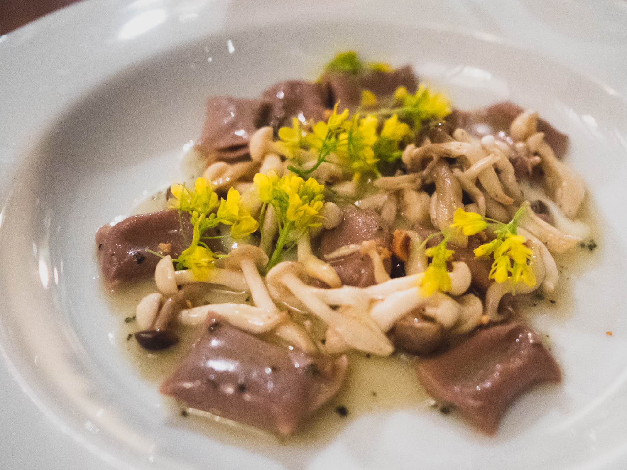 chestnut pasta, smoked potato filling, brown butter, wild mushrooms.
