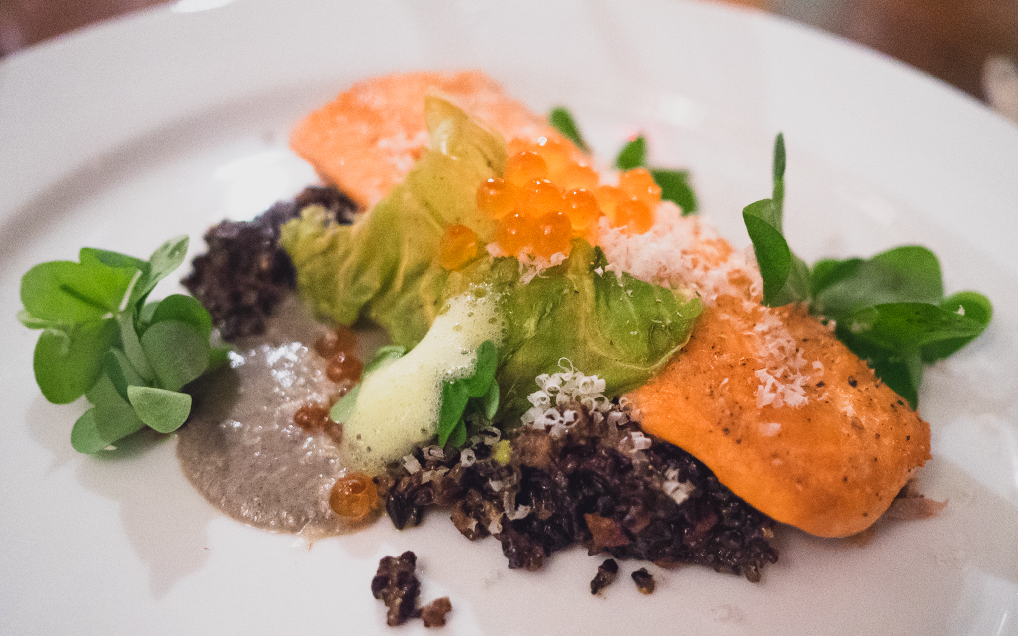 local steelhead, forbidden rice salad, cabbage chip, charred eggplant, roe.