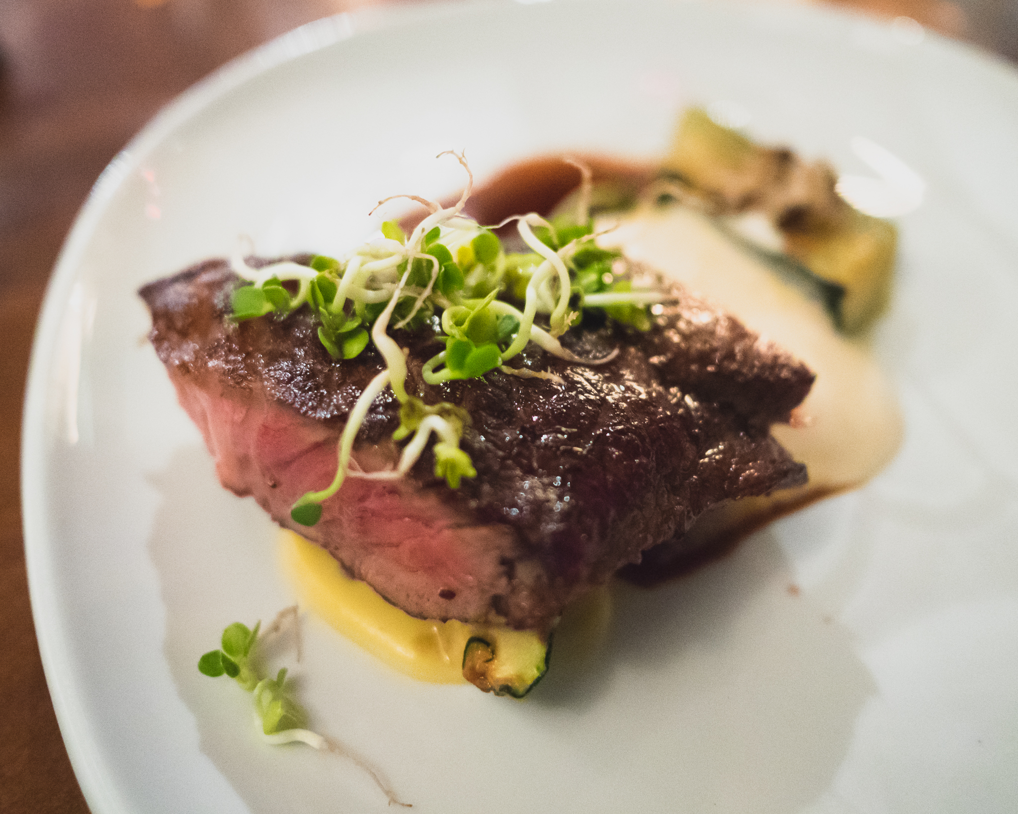 ribeye, squash, bordelaise, radish sprouts.