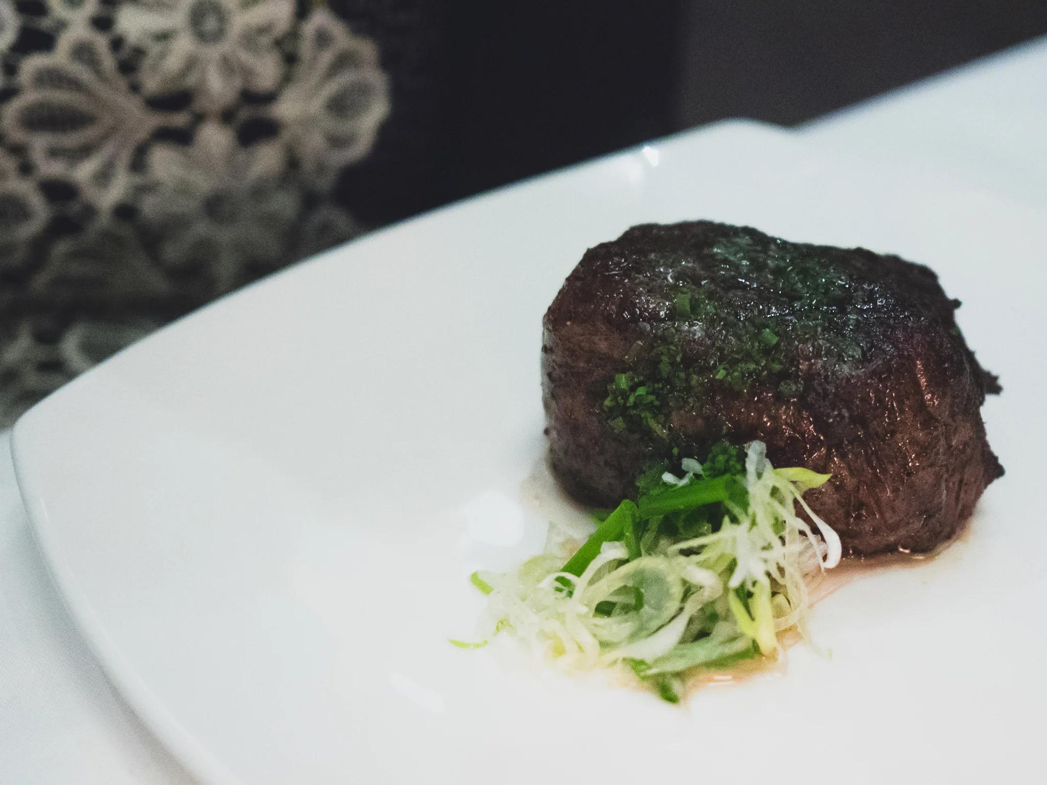 aurora angus filet mignon with negi salad.