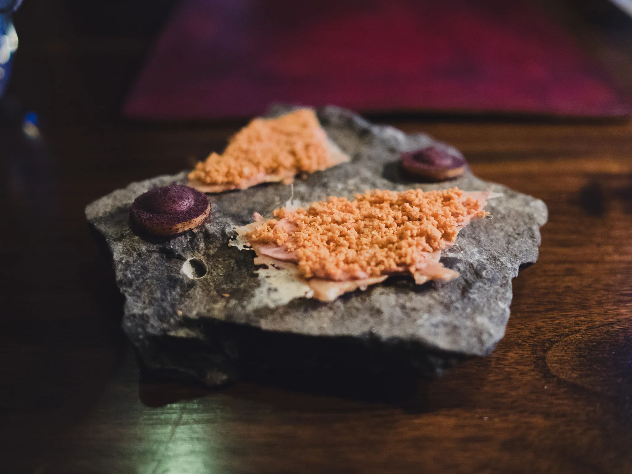 snack 01. carrot, smoked mayo, dried sol; 02. chicken and roasted yeast.